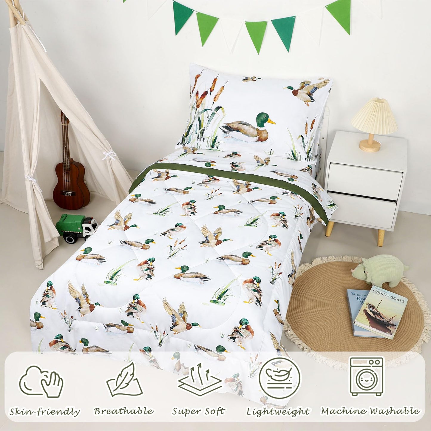 CARUILI Mallard Duck Toddler Bedding Set for Boys, 4 Pieces Soft Microfiber Green Toddler Comforter Set for 28" x 52" Toddler Mattress & Crib, Includes Comforter, Flat Sheet, Fitted Sheet, Pillowcase