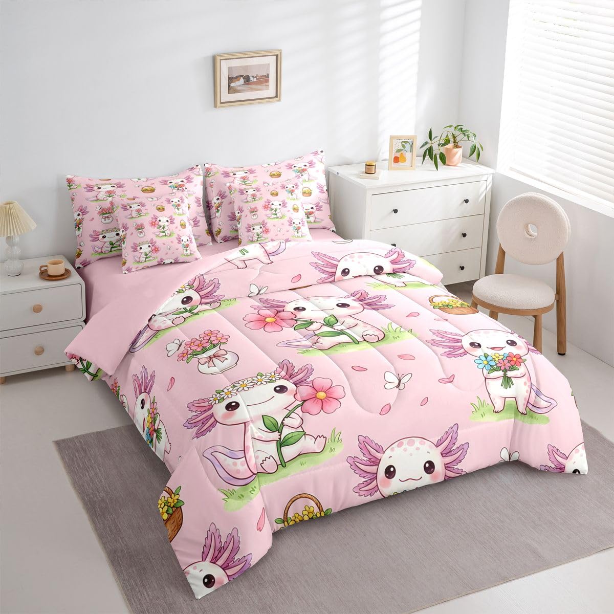 Pink Floral Axolotl Queen Bedding Set for Kids Girls Teens Cute Axolotl Comforter Set with Flat and Fitted Sheet Spring Garden Pink Flowers 7-Piece Bed in a Bag Girly Dreamy Pastoral Petals Quilt Sets