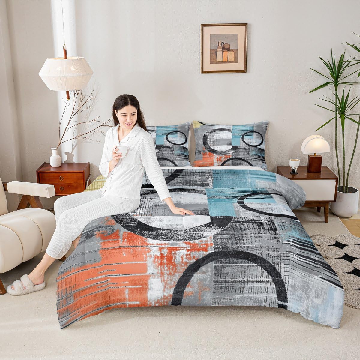 Feelyou Abstract Bedding Set Soft Modern Abstract Art Comforter Set Full Size Geometric Duvet Quilt Luxury Bedroom Decor Orange Blue 3 Pcs with 2 Pillow Cases