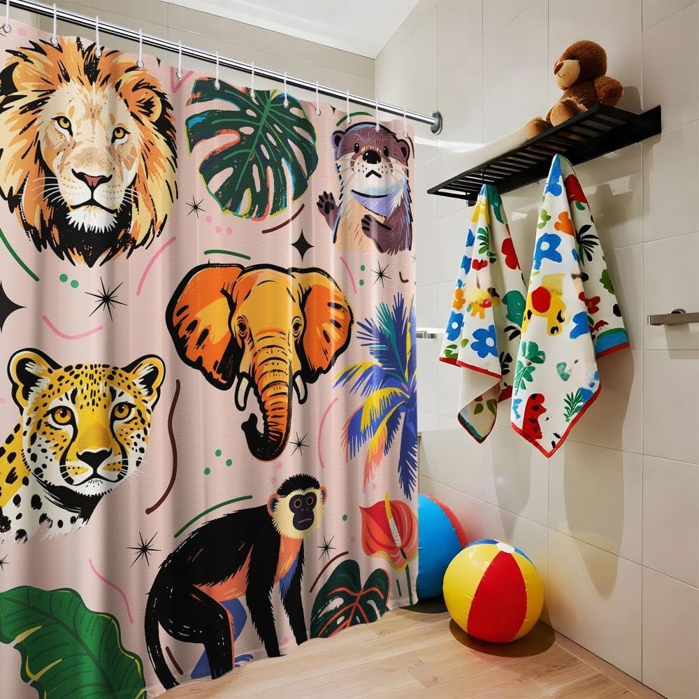 dueeia Animals Shower Curtain Tropical Jungle Wild Leopard Lion Shower Curtains for Kids Bathroom Decor, Waterproof Fabric 70 x 72 inch with Hooks