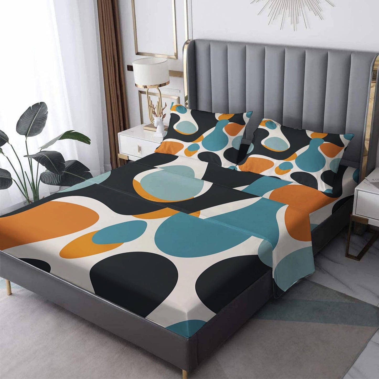 zcsm Geometric Sheets Queen Size - Abstract Modern Bed Sheets, Soft Microfiber & Deep Pocket & Wrinkle Free Patterned Bedding Sheets & Pillowcases, 1 Fitted Sheet, 1 Flat Sheet, 2 Pillow Cases