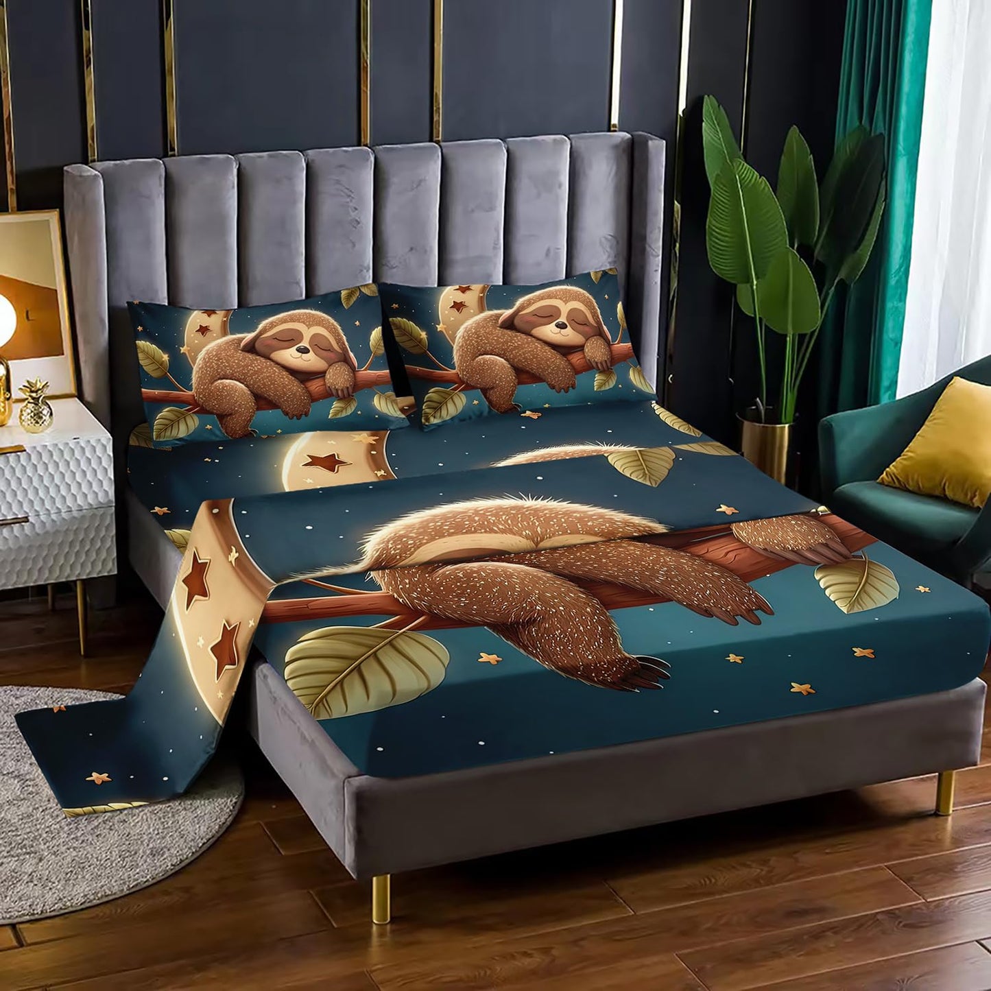 XYNHML Kawaii Cute Brown Sloth Sheet 4Pcs Full Galaxy Moon Sheet Universe Outer Space Star Bedding for Kid Teen Girl Boy Sleeping Sloth Bed Decor with 1 Flat Sheet and 1 Fitted Sheet+2 Pillowcases