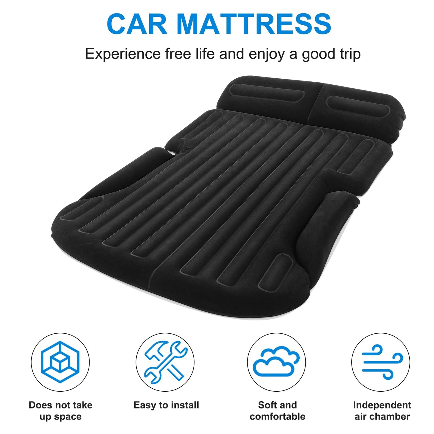 KMZ SUV Air Mattress with Electric Pump, Thick Double-Sided Flocked Camping Bed, Includes 2 Pillows & 2 Window Screens, Inflatable Travel Mattress for SUV Trunk and Rear Seat – Black