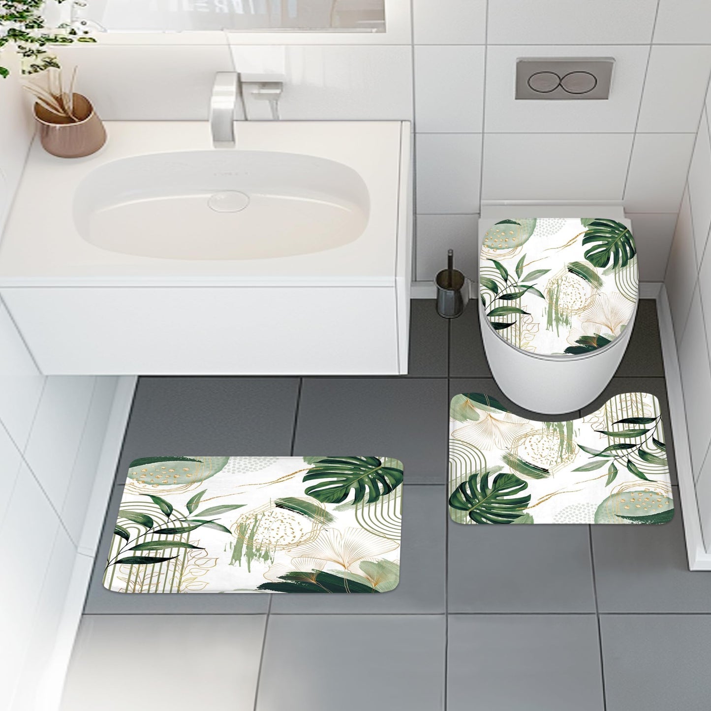 Green Shower Curtain with Rugs Boho Sage Modern Tropical Leaf Bathroom Sets