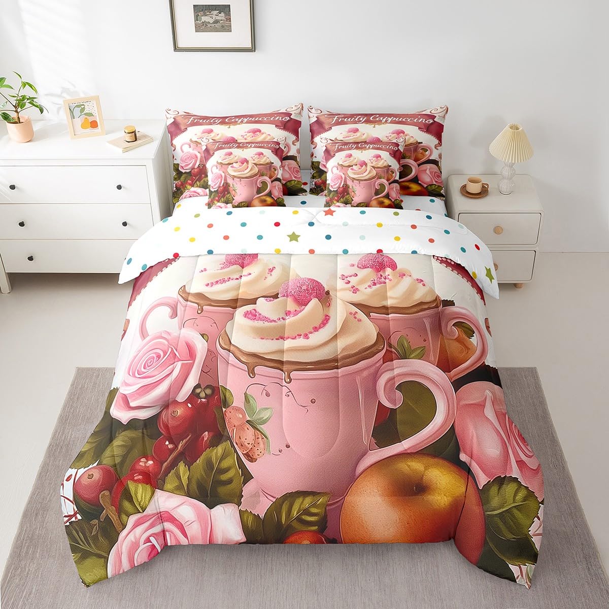 Erosebridal Fruity Cappuccino Comforter Set Full Size,Yummy Coffee Bedding Set for Kids Teens,Oil Painting Fruit (Comforter+Fitted+Flat Sheet+2 Pillowcases+2 Throw Pillow Covers) 7 Pieces Bed Set