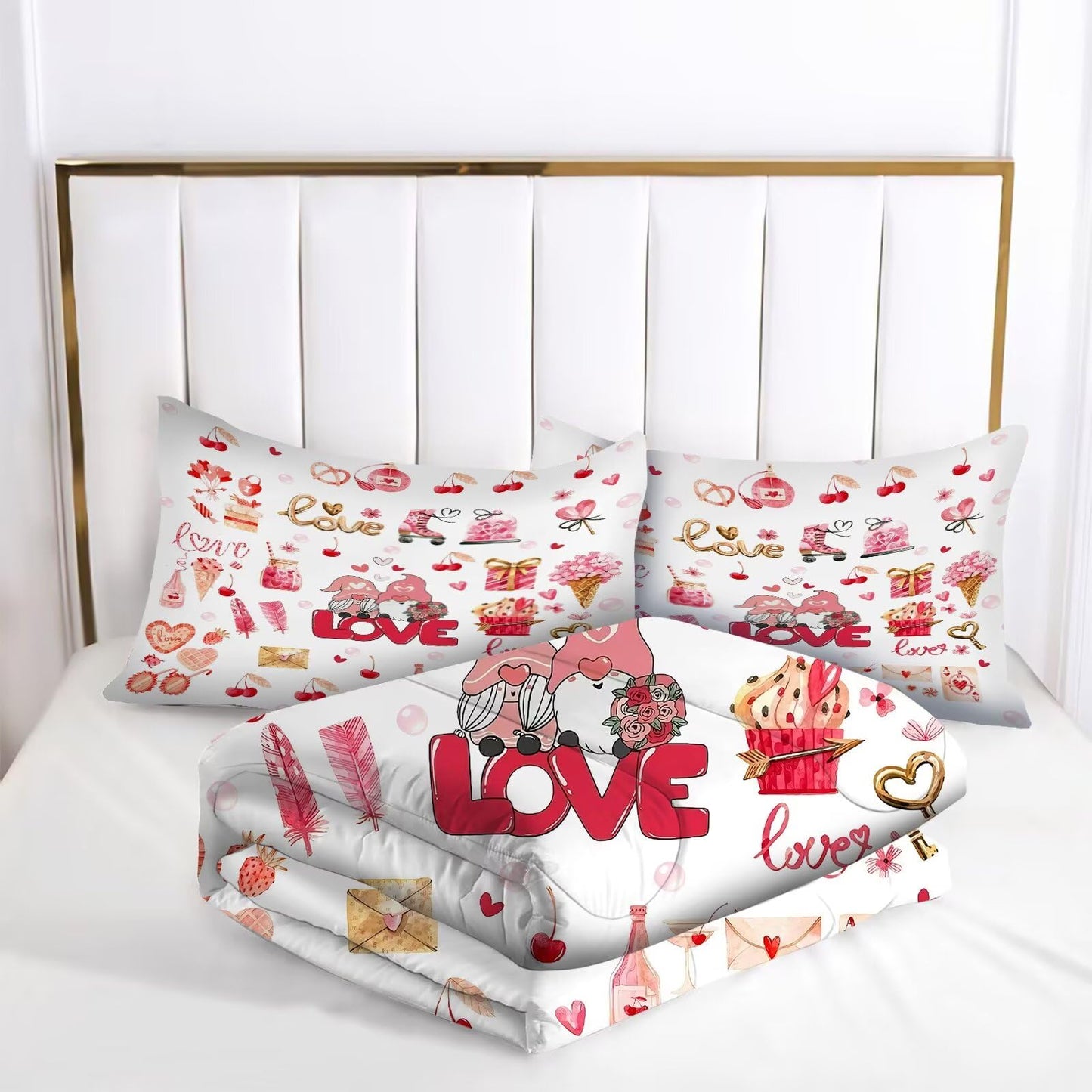 kxry Lightweight Love Comforter Sets Valentines Day Romantic King Size Bedding Set 3 Pcs with 1 Comforter and 2 Pillowcases Soft Kawaii Cartoon Comforter Heart Soft Warm Quilt
