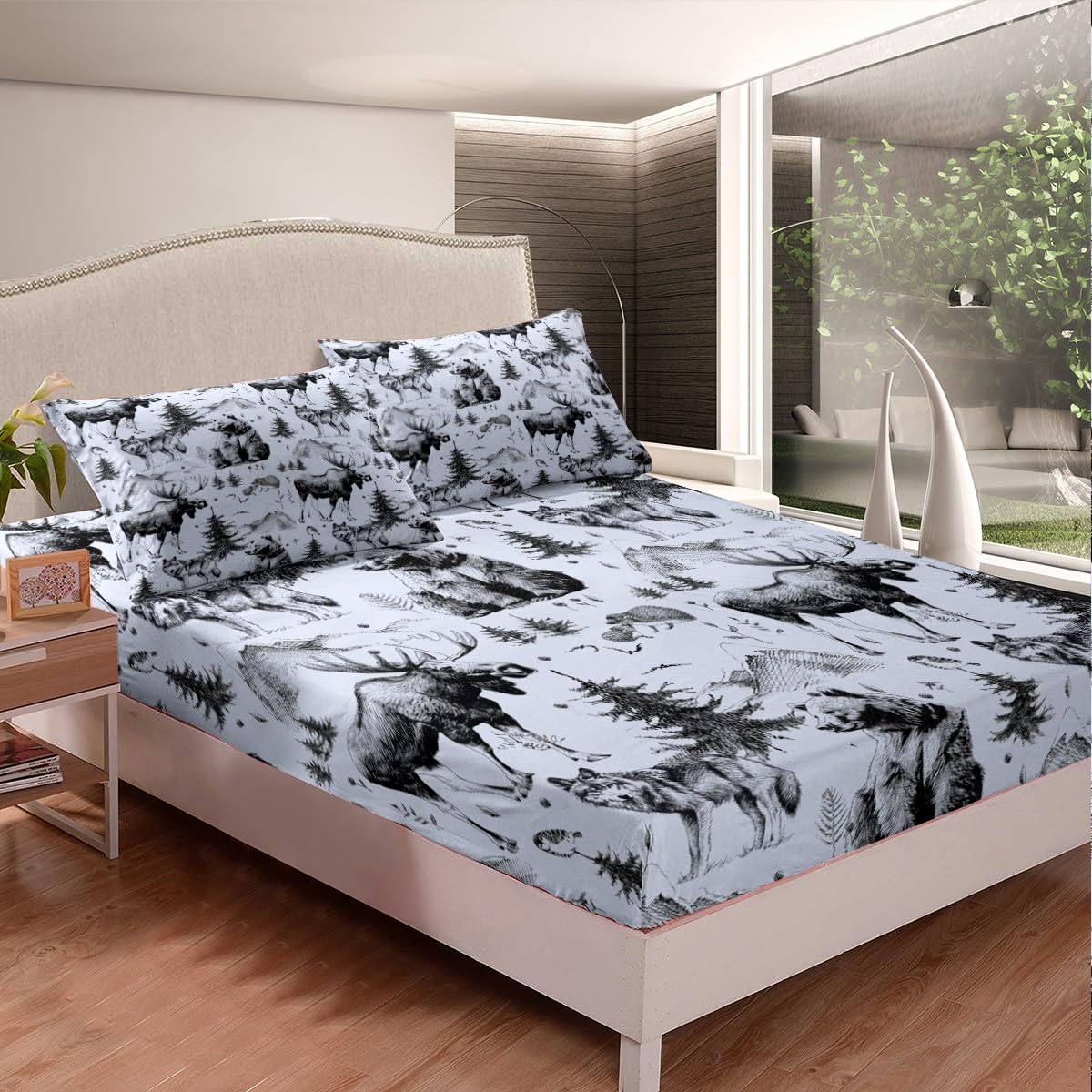 Bear Bed Sheets for Rustic Cabin,Grey Deer Moose Wolf Mountain Sheet Set Full,Farmhouse Pine Tree Woodland Bedding Set Bedroom Decor,Retro Hunting Wild Animal Fitted Sheet + Flat Sheet + 2 Pillowcases