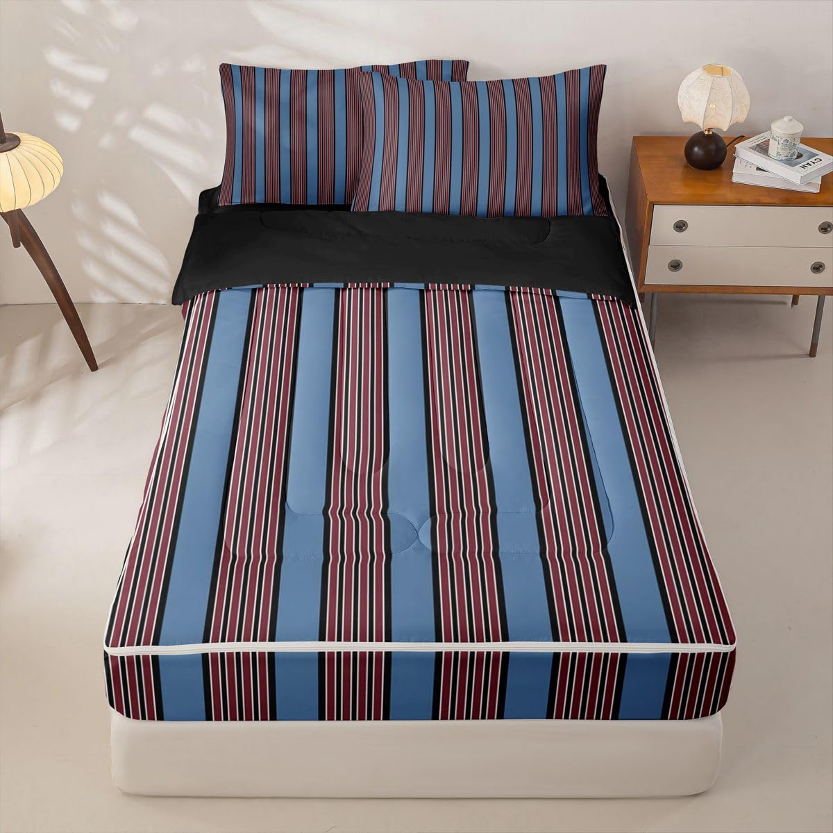Feelyou Stripes Zipper Bedding Queen Geometric Zipper Bedding Sets for Kids Boys Girls Modern Striped Art Comforter Set with Fitted Sheet and Pillowcases Bedroom Decor Blue Brown