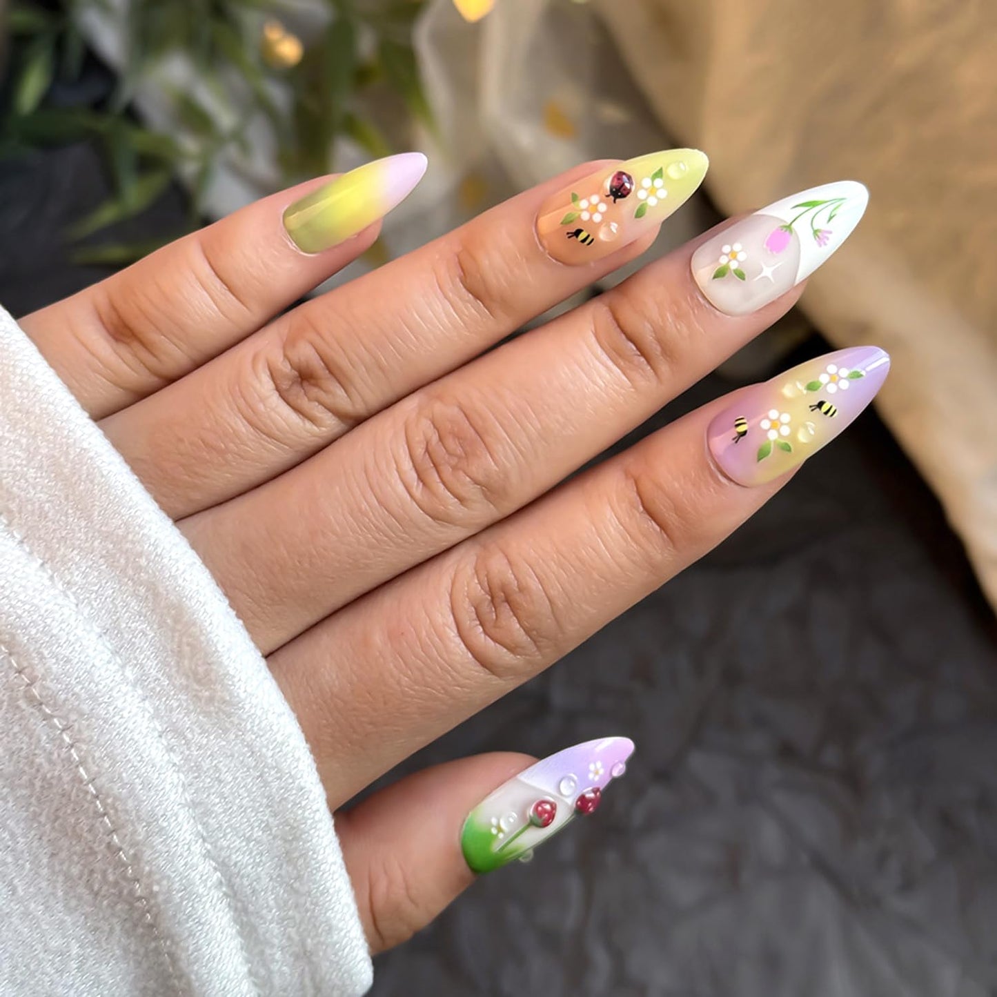 24Pcs Summer Flower Press on Nails Medium Kit Colorful - 3D Ladybug, Strawberry Flower, French Almond-Shaped False Nails Spring Summer Nail Art Handmade Stick on Nails for Women