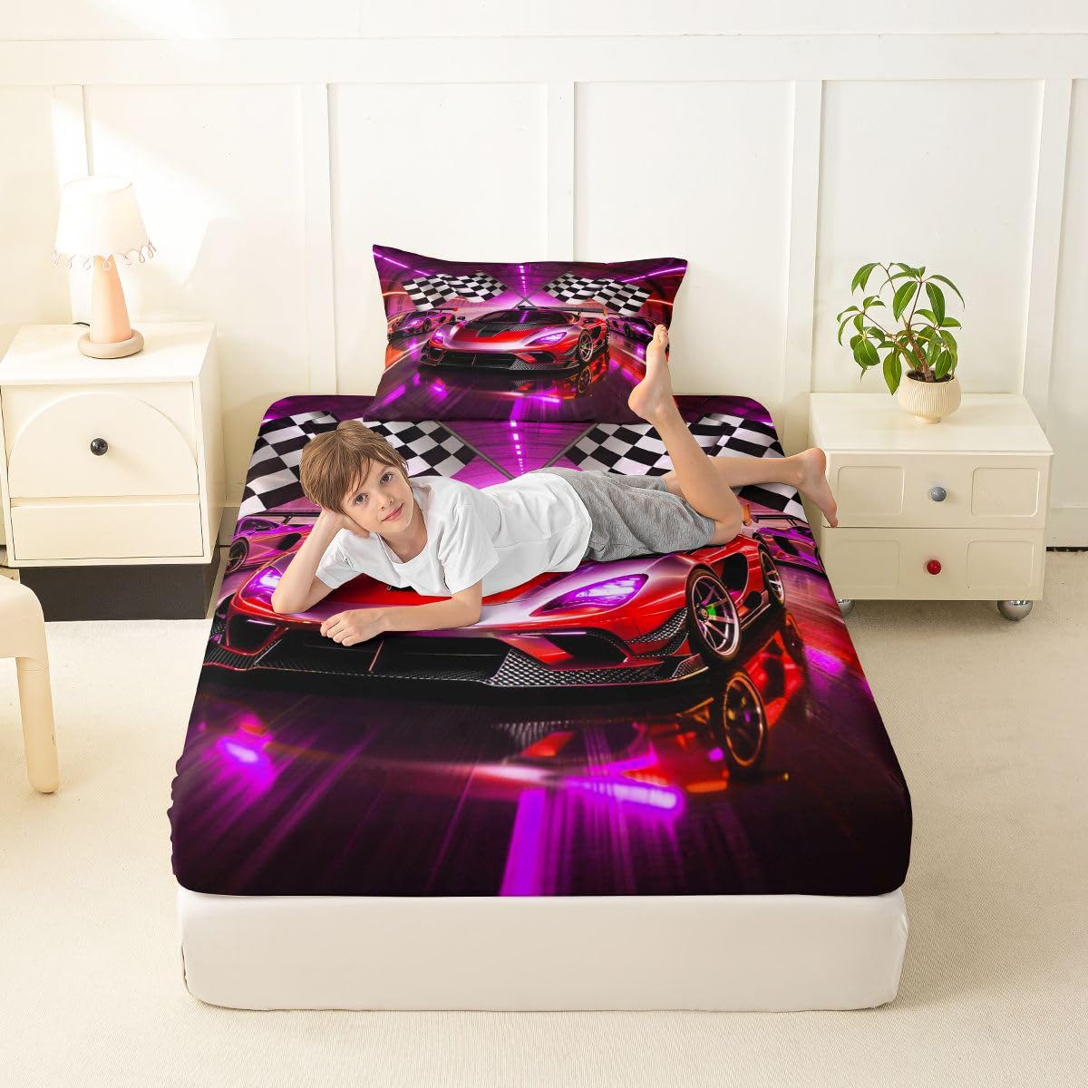 Feelyou Boys Race Car Fitted Sheet with 1 Pillowcase Twin Size Speed Sports Car Bed Sheets Set 16" Deep Pocket Boys Girls Racing Extreme Sports Bedding Teens Bedroom Decor Breathable Soft Lightweight