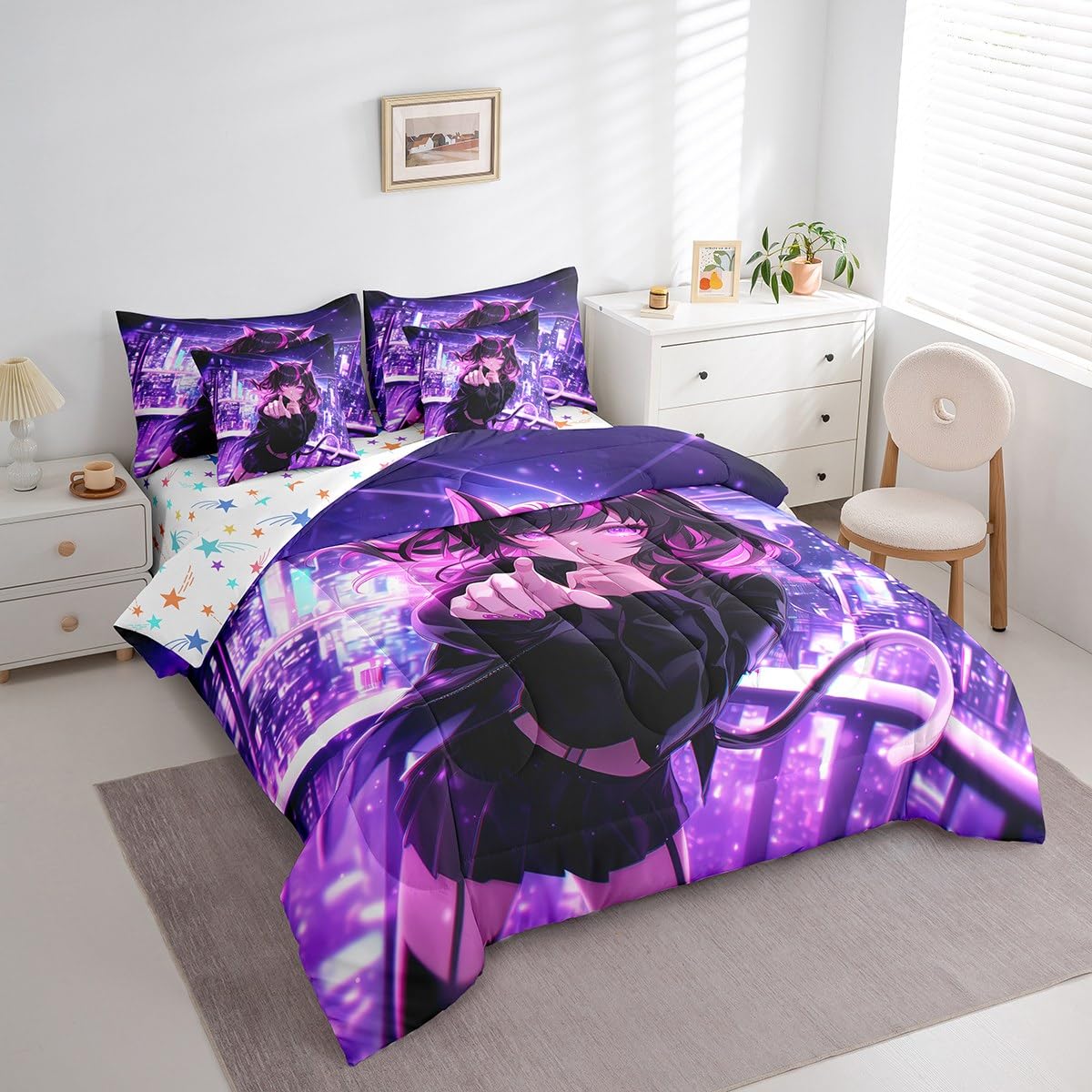 Erosebridal Kids Anime Girl Twin Comforter Set 7 Piece, Japanese Anime Bed in A Bag, Cartoon Girl Bedding Comforter Sets for Boys Teens Bedroom Decor, Kawaii Japanese Animation Bed Set