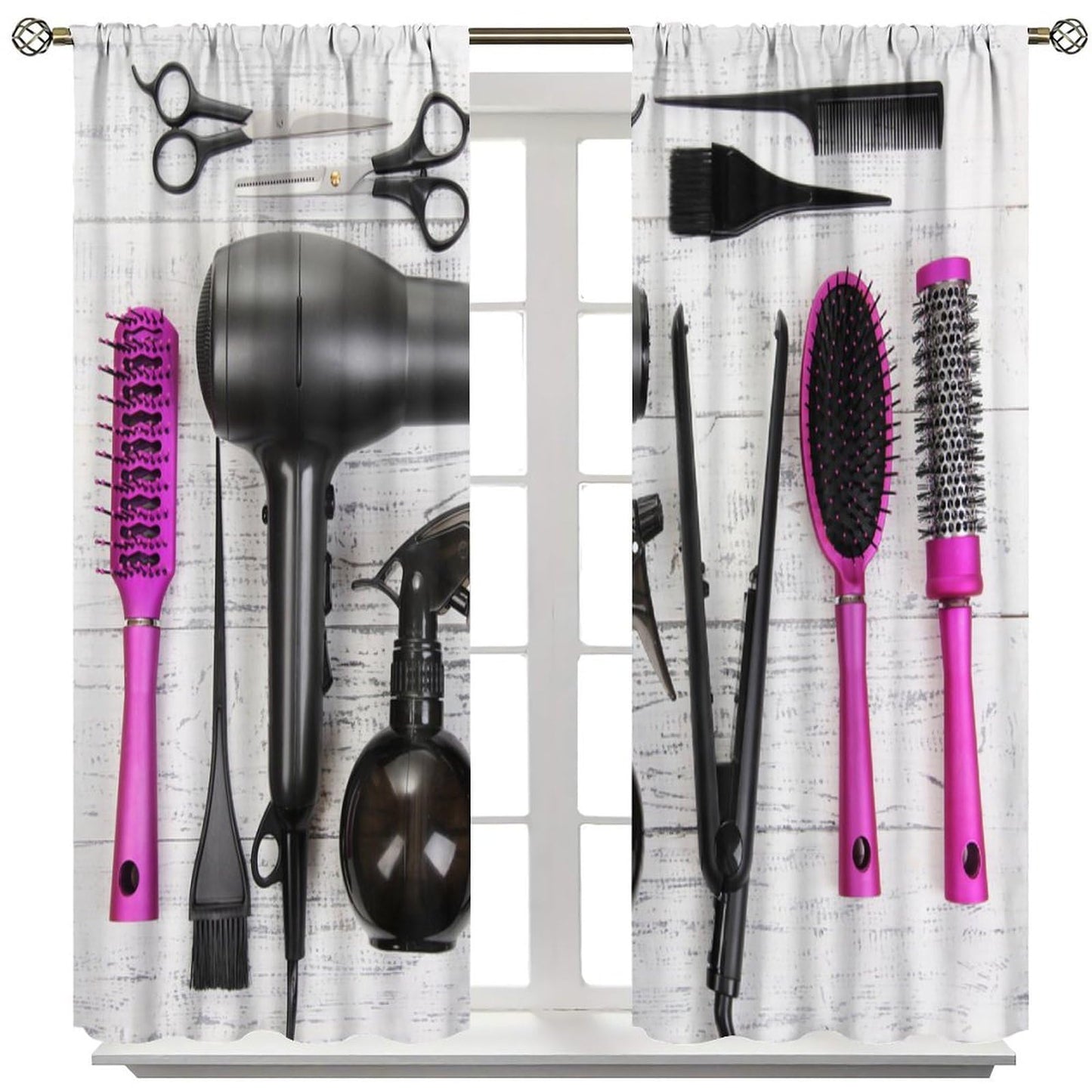 ZhiRain Fashion Makeup Curtains Hair Salon Cosmetic Haircut Equipment Hair Dryer and Comb Pattern Curtain with Rod Pocket for Home Decor Drapes Window Treatments 2 Panels Set 42x45 Inch