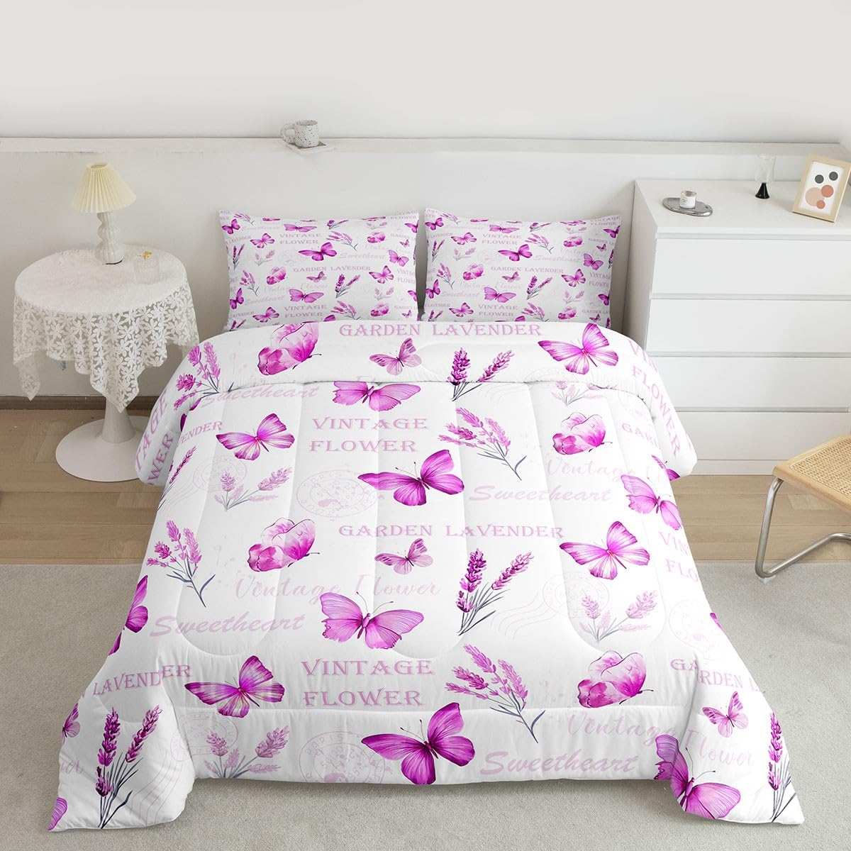 Feelyou Girls Butterfly Kids Comforter Set Queen Size Lavender Flowers Bedding Set Aesthetics Garden Duvet Quilt for Kids Boys Girls Bedroom Purple Decor Microfiber Ultra Soft Breathable