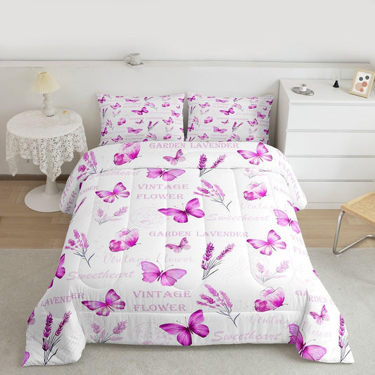 Feelyou Girls Butterfly Kids Comforter Set Queen Size Lavender Flowers Bedding Set Aesthetics Garden Duvet Quilt for Kids Boys Girls Bedroom Purple Decor Microfiber Ultra Soft Breathable