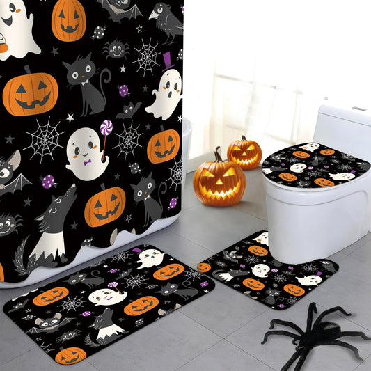 MEHOFOND 4pcs Halloween Boo Shower Curtain Set,Halloween Spooky Shower Curtain Sets,All Hallows' Eve Skull Bat Spider Bathroom Decor for Kids with Non-Slip Rugs Toilet Lid Cover and Bath Mat 72x72 in