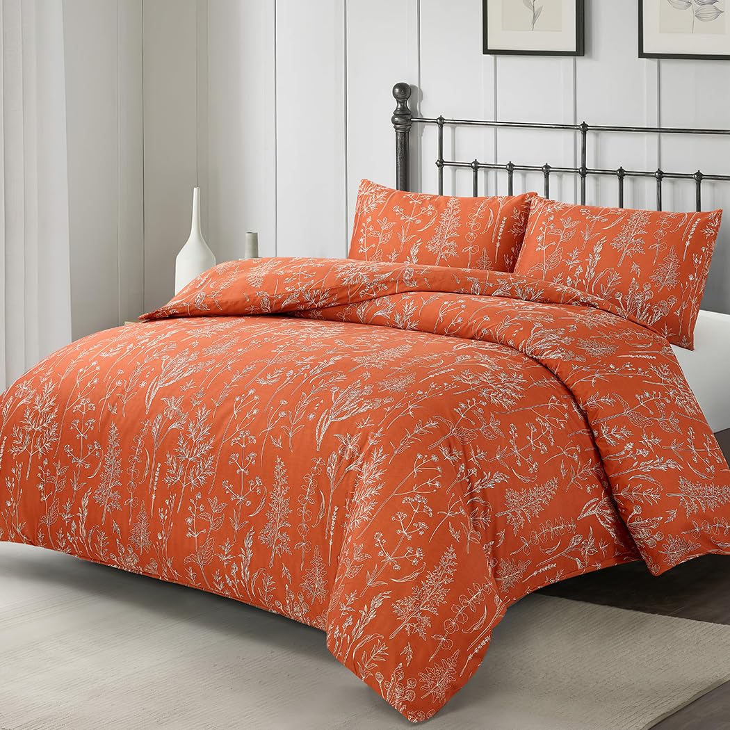 Lekesky Floral Duvet Cover Queen Size, Burnt Orange Queen Duvet Cover Plant Flowers Pattern Bedding Set for All Season, Soft Breathable Duvet Cover with Zipper Closure & Corner Ties