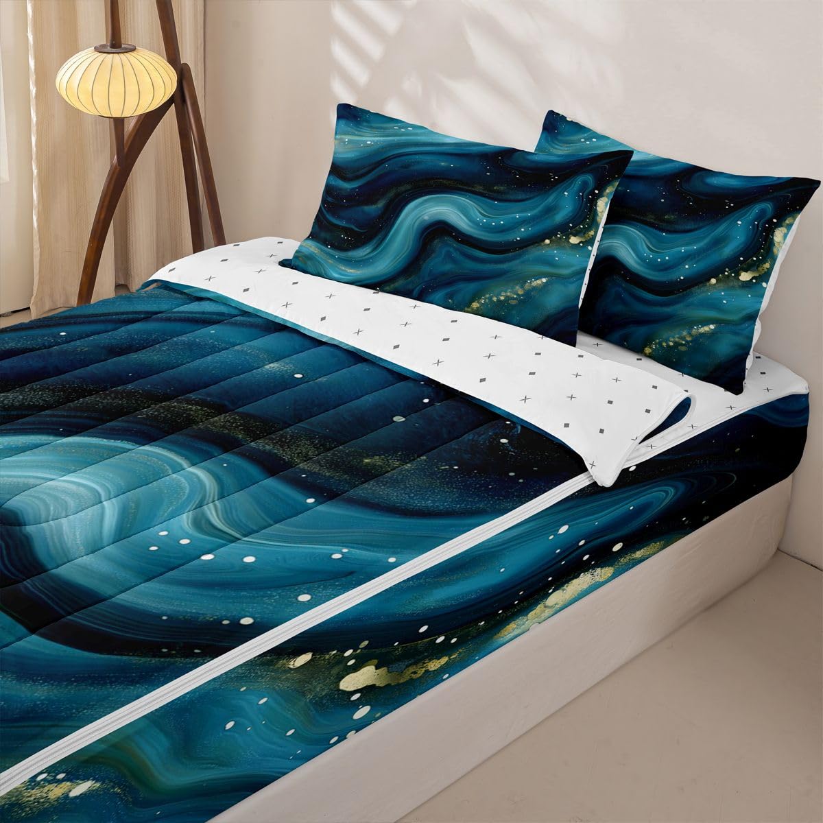 jejeloiu Marble Print Zipper Bedding Sets for Kids Boys Girls Abstract Twin Comforter Set with Fitted Sheet Teal Bedroom Decor Deep Ocean Wave Texture Microfiber with 2 Pillow Cases Luxury
