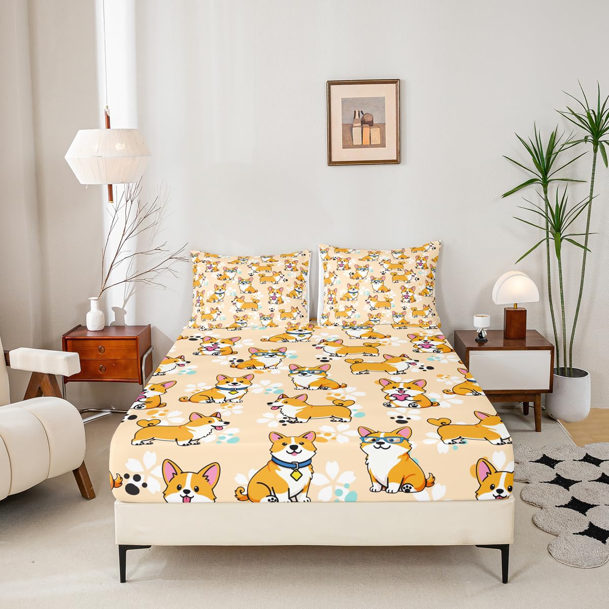 Homewish Cute Corgi Sheet Set Full,Cartoon Dog Paw Bedding Set for Kids Teens Girls Boys,Smiling Dog Kawaii Yellow Bed Sheet Set 4pcs with Deep Pocket Fitted Sheet + Flat Sheet + 2 Pillowcases