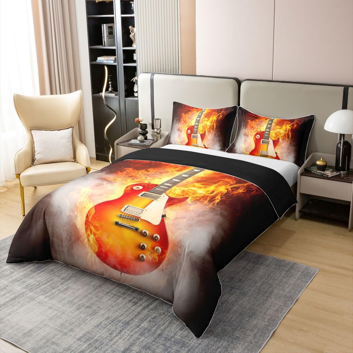 100% Cotton Guitar Comforter Cover Twin Size Rock Music Duvet Cover Electric Guitar Bedding Set Flame Pattern Quilt Cover for Kids Boys Girls Teens Young Man, Brown Bedroom Living Room Decor
