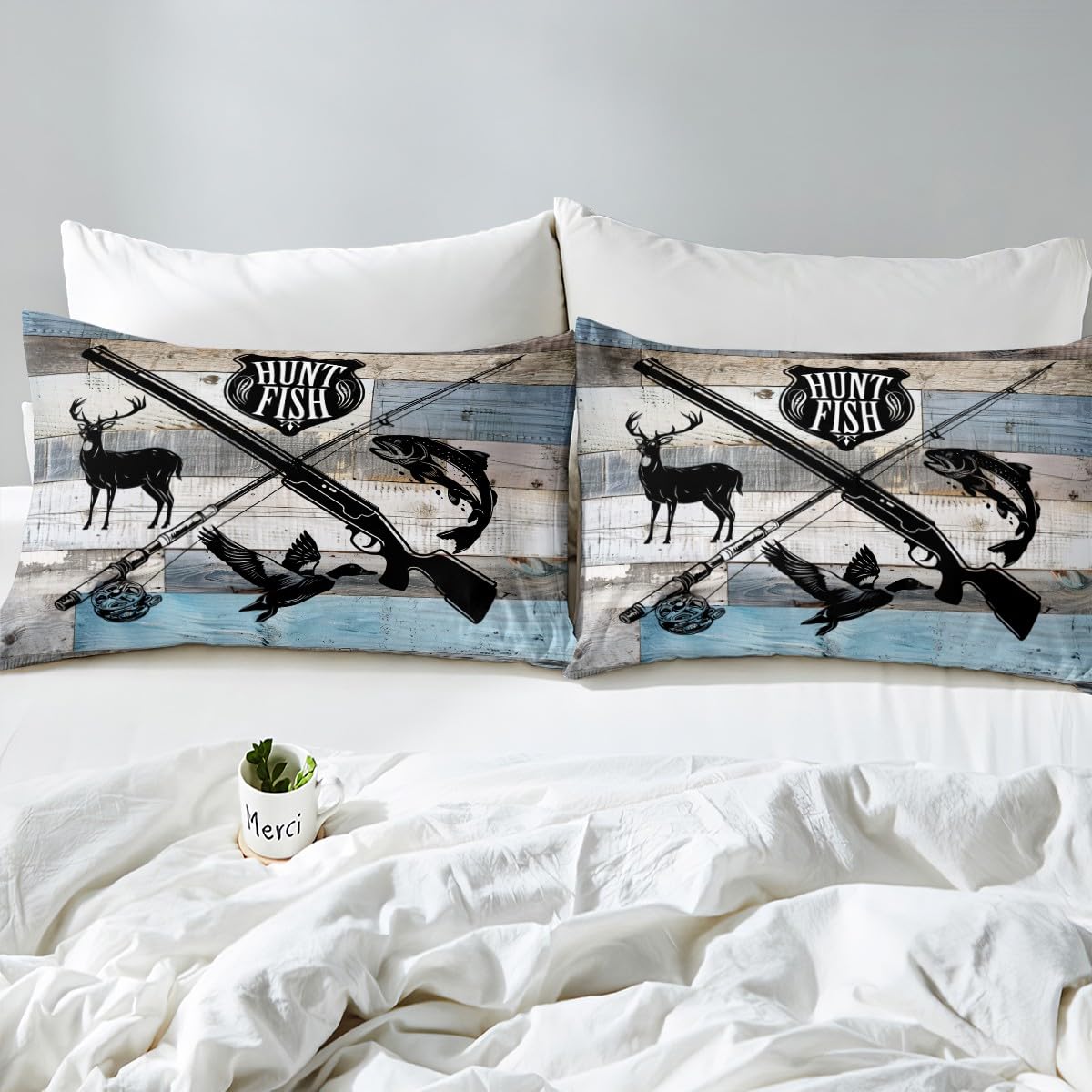 Castle Fairy Hunt Fish Fitted Sheet Full Size 4pcs,Deer Bird Fish Animal Hunting,Bedding Sets(1 Fitted, 1 Flat, 2 Pillowcases) Rustic Retro Wooden Board Luxury Deep Pocket Bed Sheet Set, Polyester