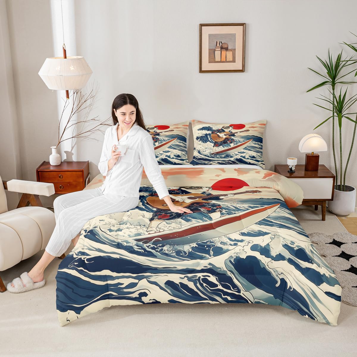 Erosebridal Japanese Cat Guitar Player Bedding Set Queen Rock Music Theme Comforter Set for Kids Boys Girls Nautical Surfing Down Comforter,Cute Animal Quilt Duvet