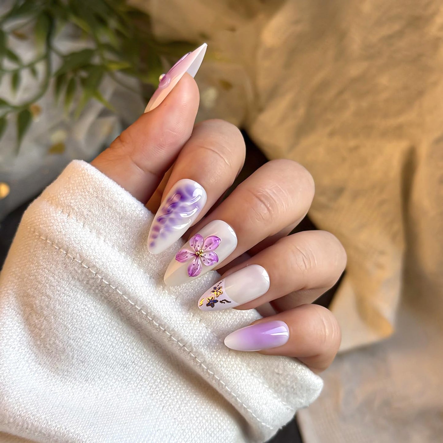 24Pcs Gradient Purple Flower Press on Nails Medium Almond Fake Nails with Floral Butterfly Star Designs Glossy French Nails Tip with 3D Floral & Pearl Nail Art Handmade False Nails for Women