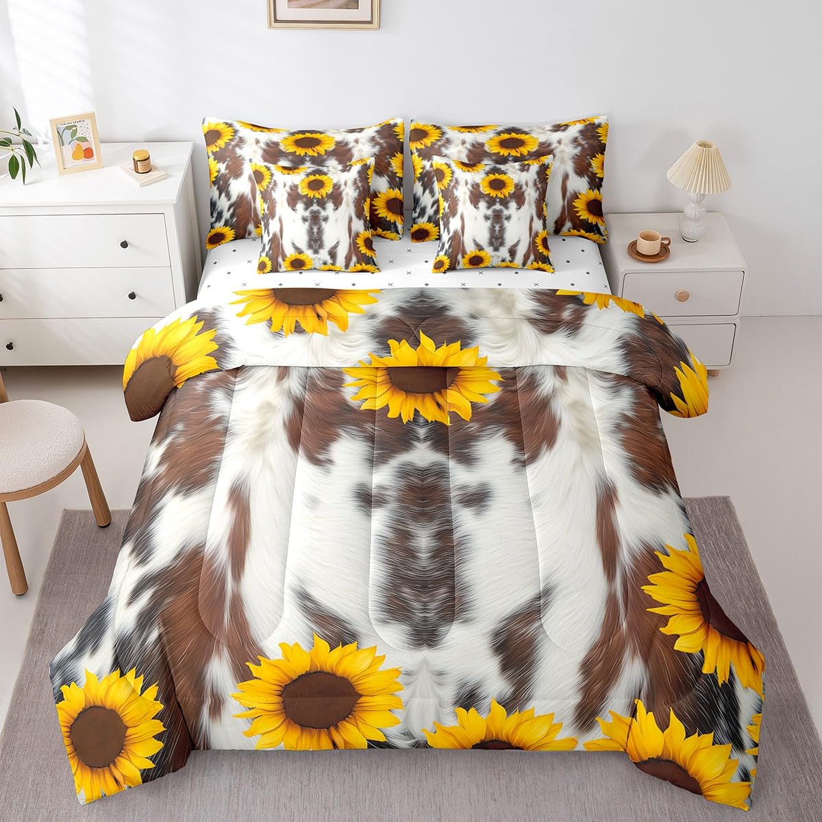 Erosebridal 7 Pcs Cow Print Comforter Set Twin Size,Sunflower Cow Bed in a Bag with Flat Sheet and Fitted Sheet for Kids and Adults,Farm Cowhide Flower Bedding Set with Pillowcases and Cushion Cases