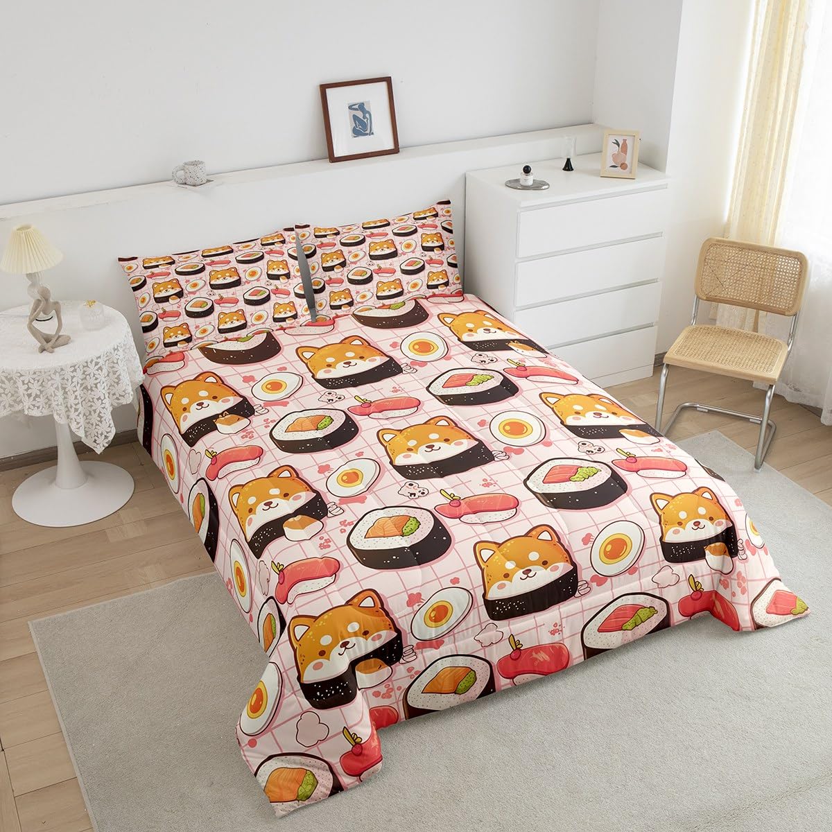 Erosebridal Kids Sushi Bedding Set Queen,Cute Shiba Inu Comforter Set Sushi Gifts for Kids Girls Boys,Kawaii Dog Puppy Quilt Bed Set Funny Food Bed Comforter Sets with 2 Pillowcases Room Decor