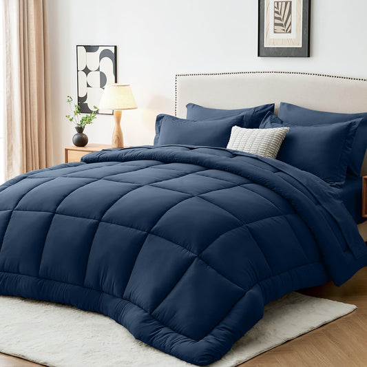 Sasttie Queen Comforter Set, Navy 7 Pieces Bed in a Bag Queen, Complete Bedding Set Includes Comforter, Flat Sheet, Fitted Sheet, Pillowcases and Pillow Shams, Navy