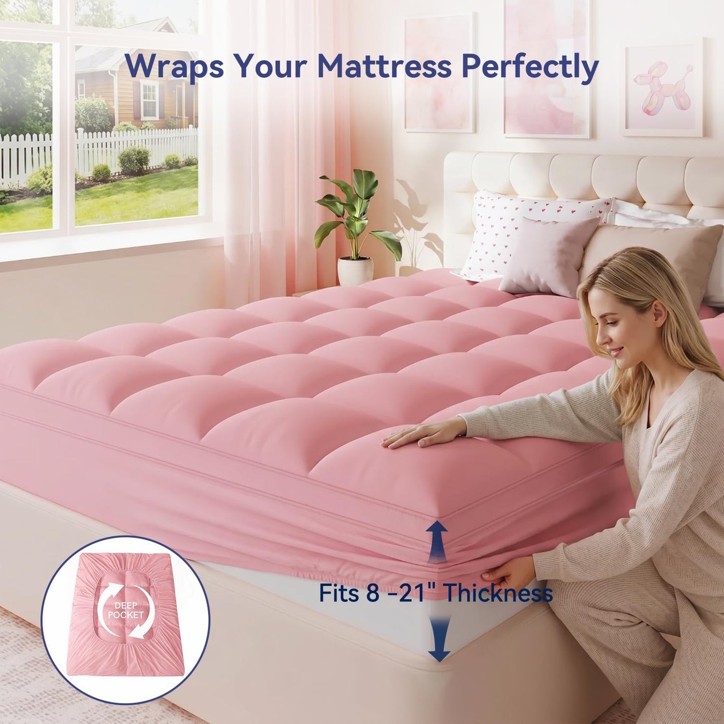 ELEMUSE Pink Queen Mattress Topper for Bed, Extra Thick Pillow Top Mattress Pad with Plush Comfort, Designed for Couples & Everyday Sleep, Bedroom Upgrade
