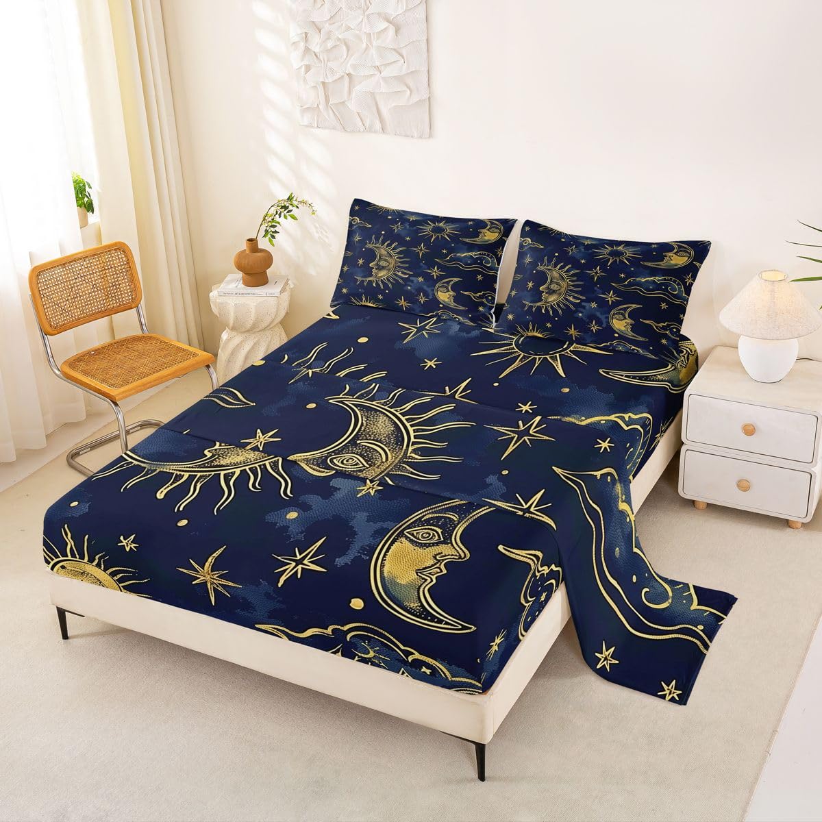 Erosebridal Moon Galaxy Bed Sheets Set Full Mystical Celestial Star Sky Sheet Set Bohemia Sun Moon Sheets Cosmic Cloud Flat Fitted Sheet