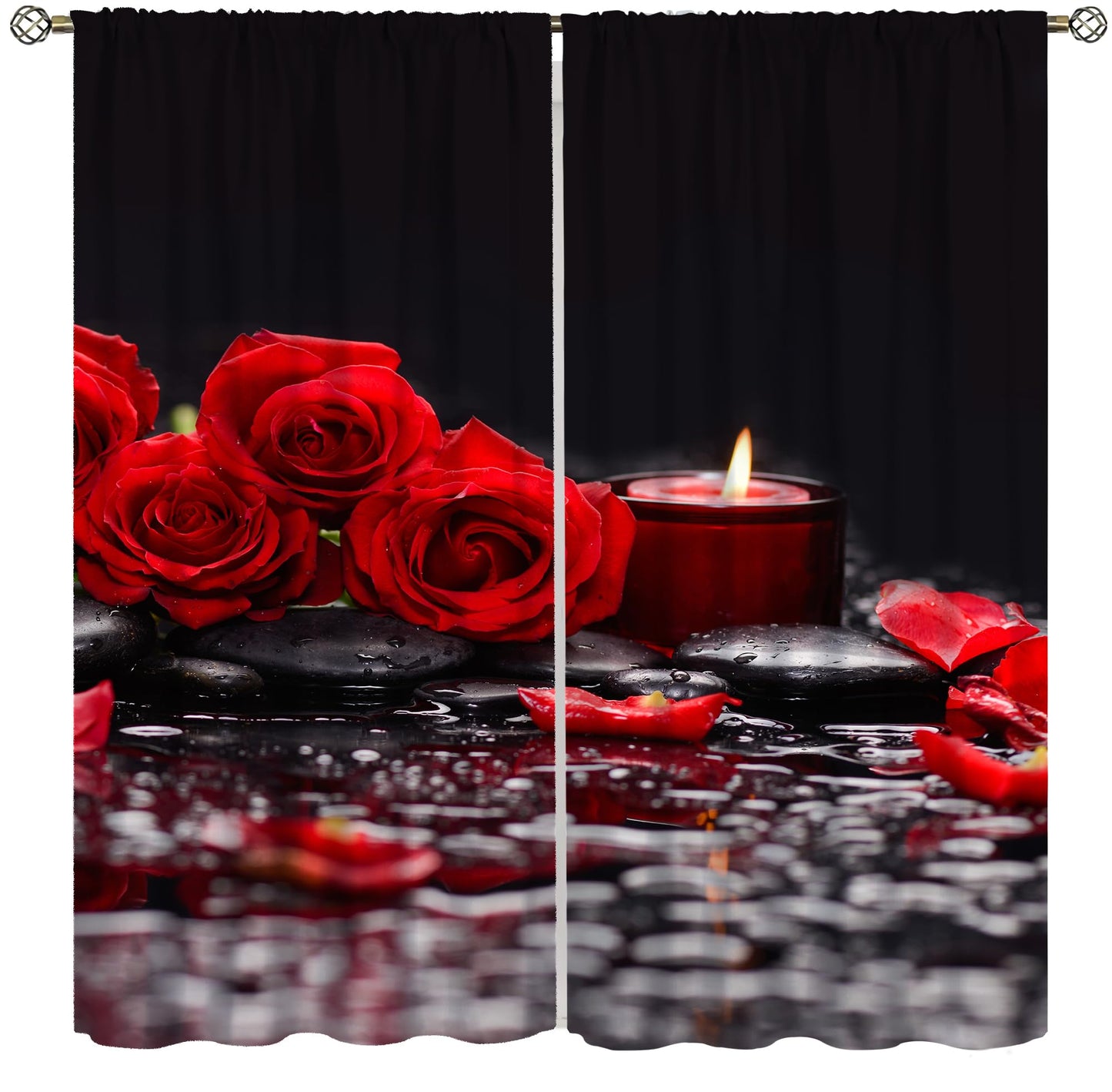 AAVEUP Red Rose Curtains for Girls,Raindrops Stone Candle Aesthetic Red Art Flower Rose Water Flower Window Drapes Print for Kids Women Bedroom Living Room Bathroom 42x45in（No Blackout）