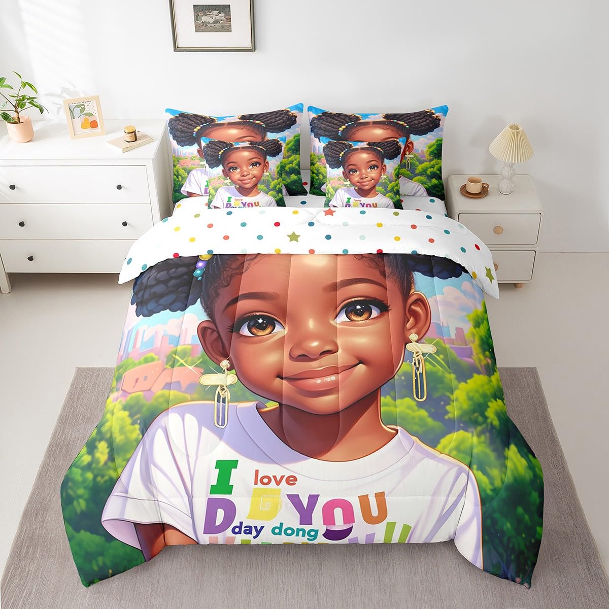 Twin Size 7 Pcs American Style Girl Bedding Set,Black Cute Girly Bed Sheet,African American Cartoon Reversible Printed Quilt Set+Flat Sheet+Fitted Sheet+2 Pillowcases+2 Throw Pillow Covers