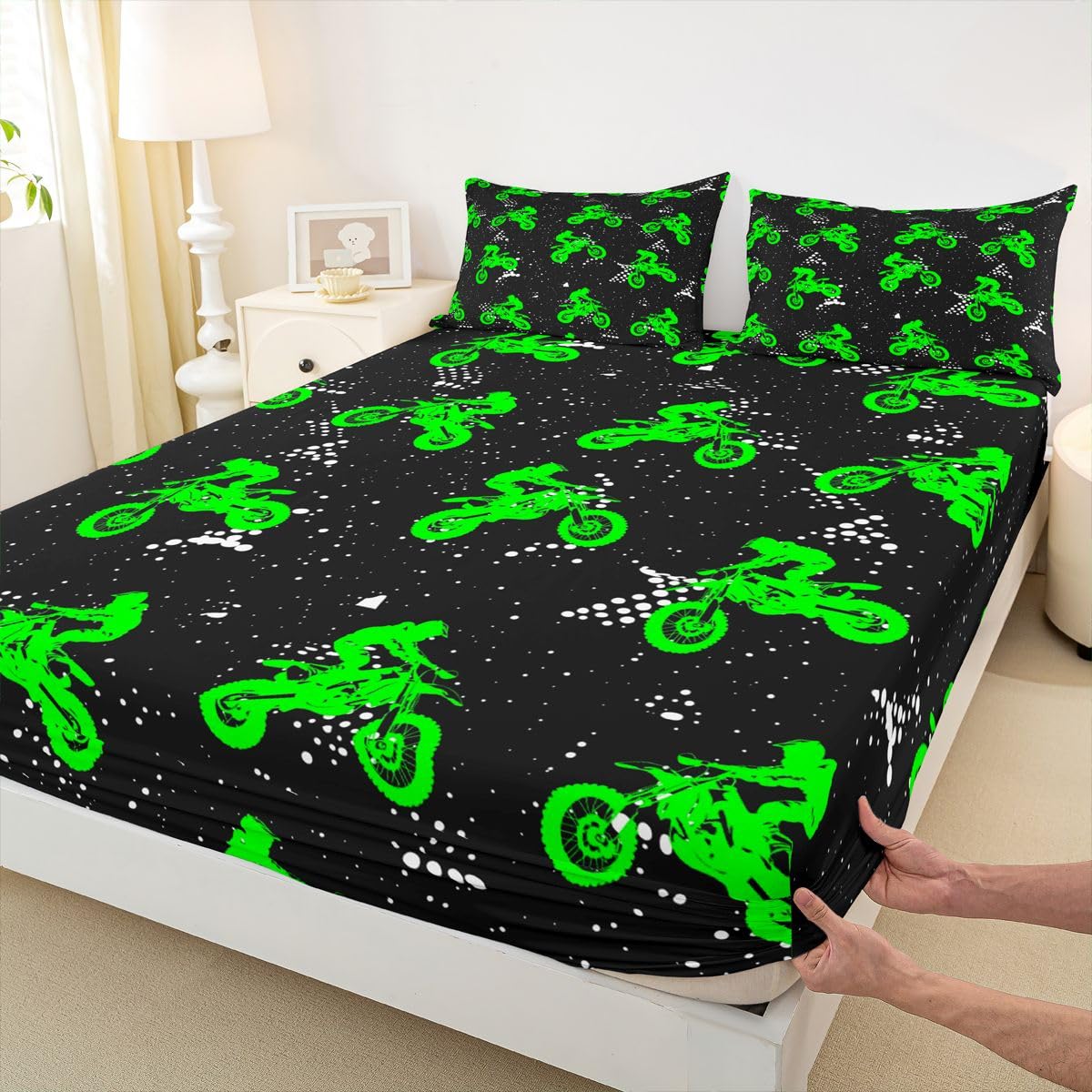 Feelyou Boys Dirt Bike Bedding Sheets Cool Sports Bed Sheet Set for Kids Boys Motocross Rider Bedding Fitted Sheet Fluorescent Green Bike Bed Cover 1 Bed Sheet Set with 2 Pillowcases Full Size