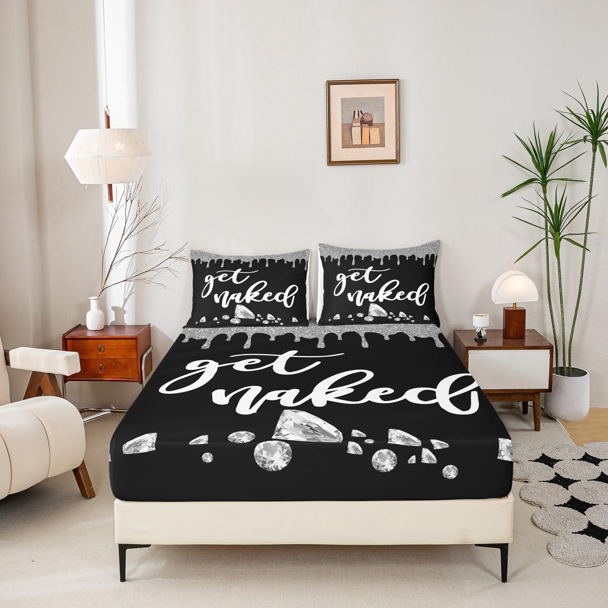 Get Naked Bed Sheet Set Full Size Silver Grey Black Glitter Bedding Set for Kids Boys Girls Teens Bedroom Decor Luxury Shining Diamond Fitted Sheet Women Men Funny Quotes Modern Bedding Sheets
