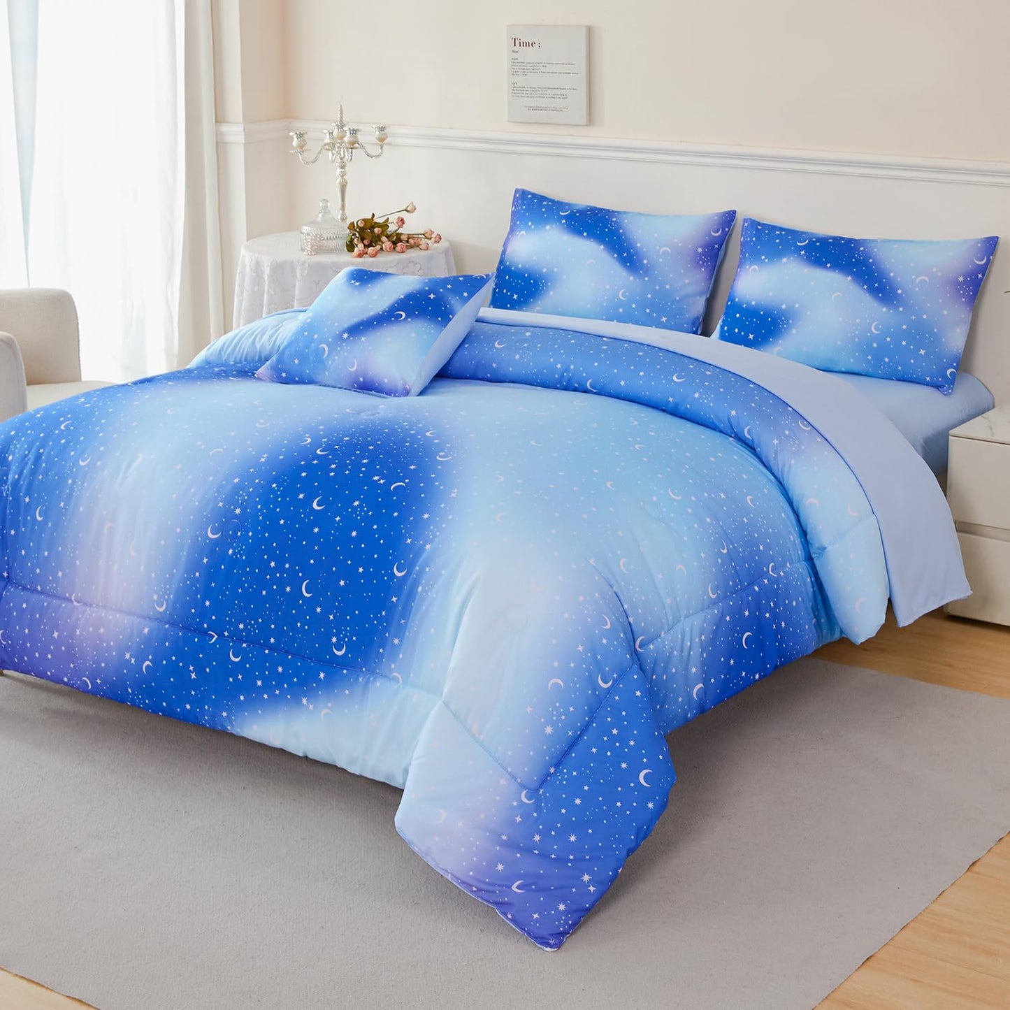 URBONUR Galaxy Blue Comforter Set Queen Size for Boys Girls Ombre Glitter Nebula Kids Teen Bedding Sets Light Blue Soft Lightweight 6Pcs Bed in A Bag Sets