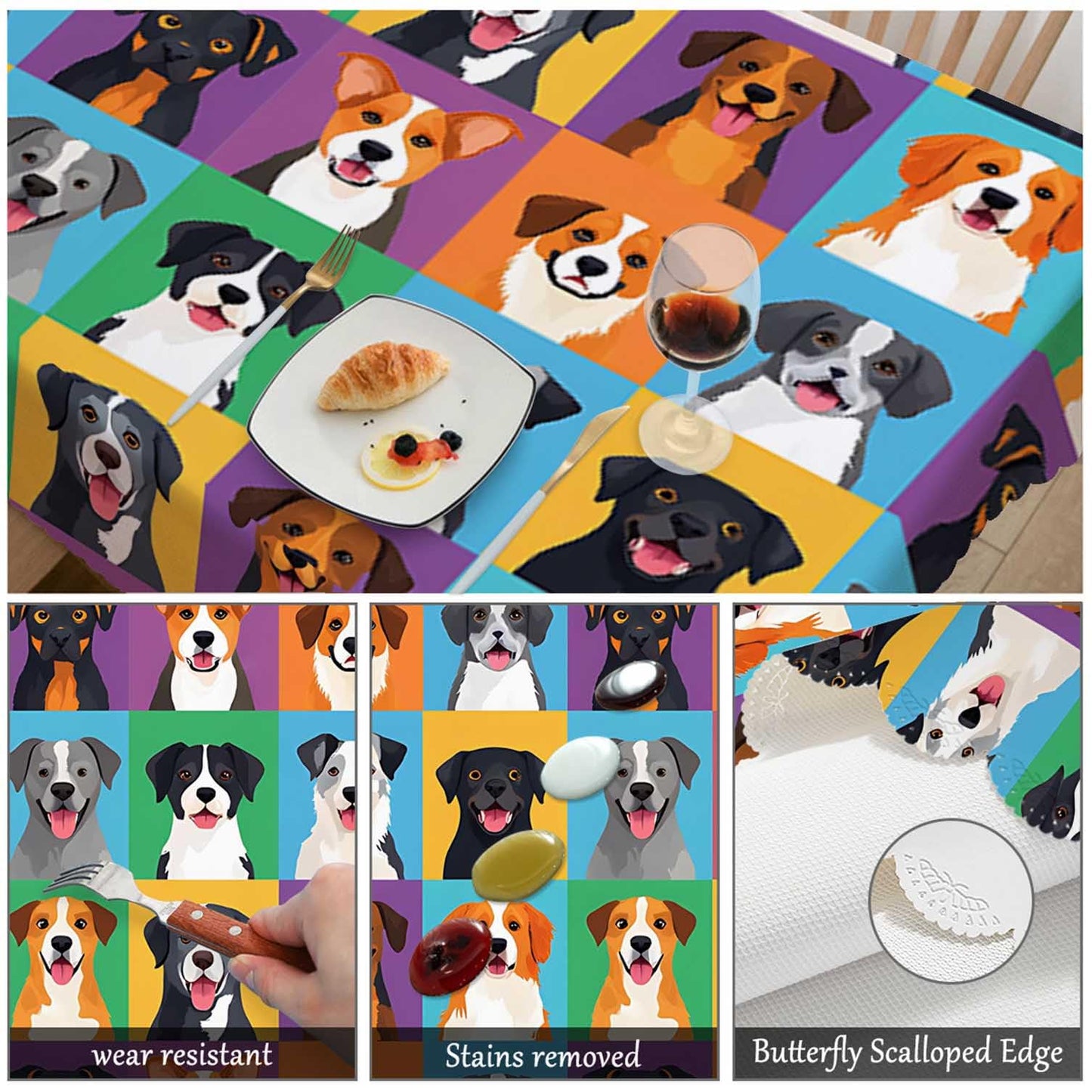 Swono Decorative Rectangle Table Cloth Dog Icon, Dog Puppy Head Poodle Shepherd Terrier Labrador Polyester Tablecloth Kitchen Table Cover for Dining BBQ Picnic Coffee Table 50x72, 4-6 Seats