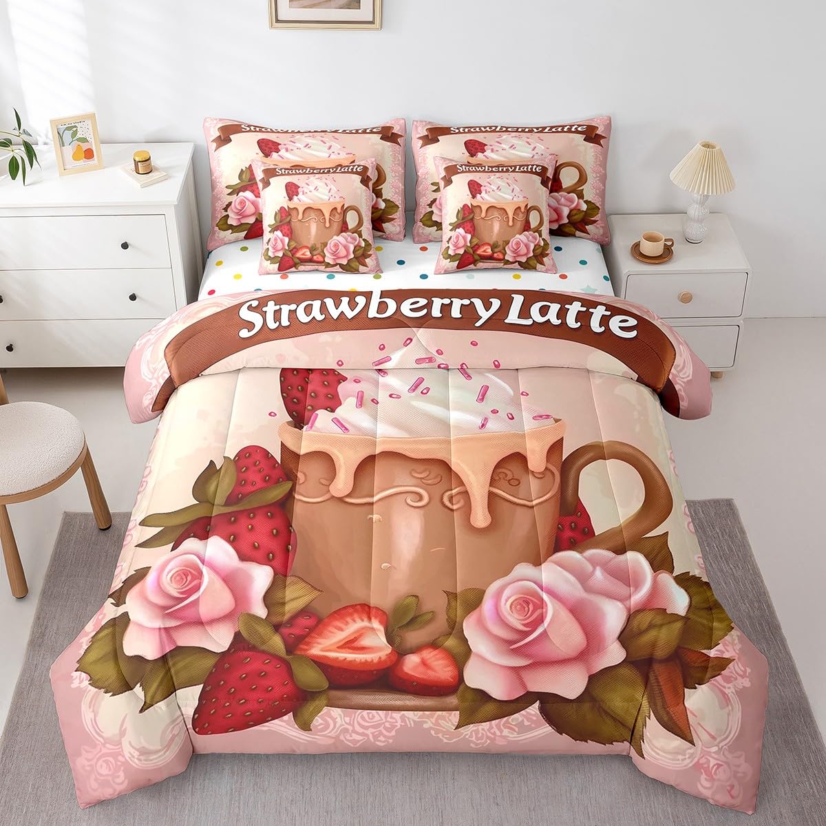 Erosebridal Strawberry Lattle Bedding Set for Kids Teens,Delicious Fruit Comforter Set Full Size,Girls Strawberry (Comforter+Fitted+Flat Sheet+2 Pillowcases+2 Throw Pillow Covers) 7 Pieces Bed Set