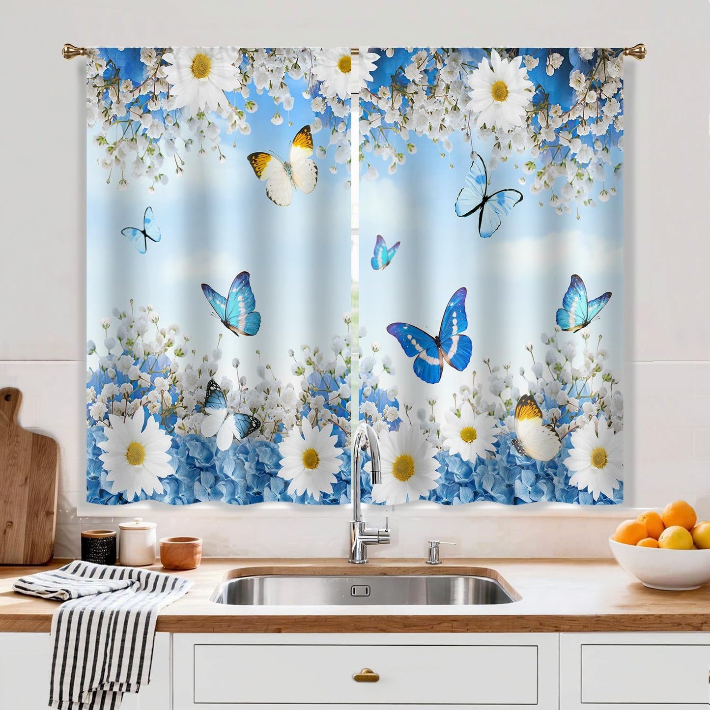 Cizuug Floral Butterfly Curtain for Kitchen & Bathroom Curtains - Daisy Floral Pattern Spring Cafe & Bedroom Short French Door Curtains 2 Panels (27.5x39 Inch)