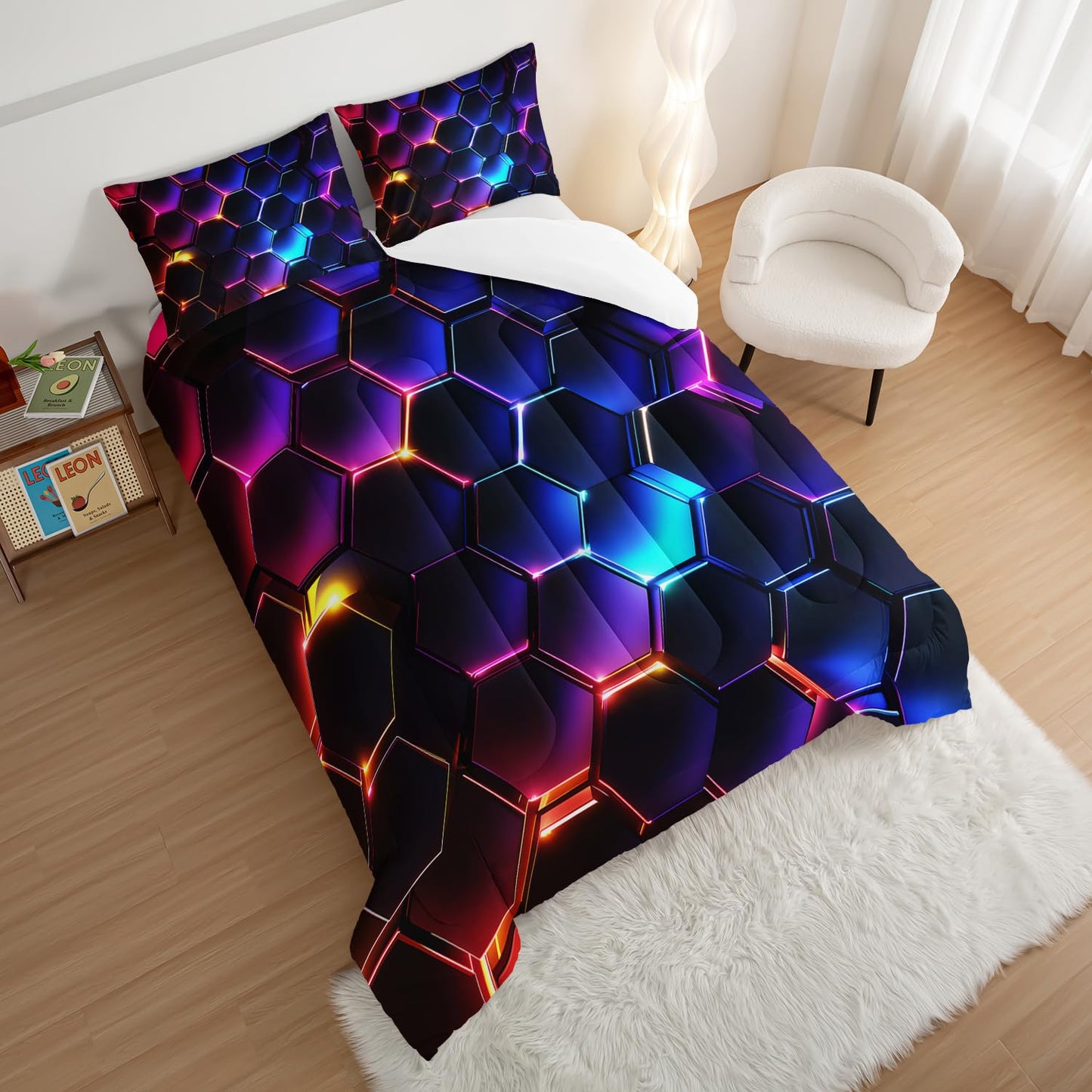 HOSIMA 3D Honeycomb Comforter Set - Queen Size, Geometric Hexagon Pattern Bedding Set for Kids Teens Boys Room Decor, Purple Blue Neon Lights Comforter Set with 2 Pillowcases