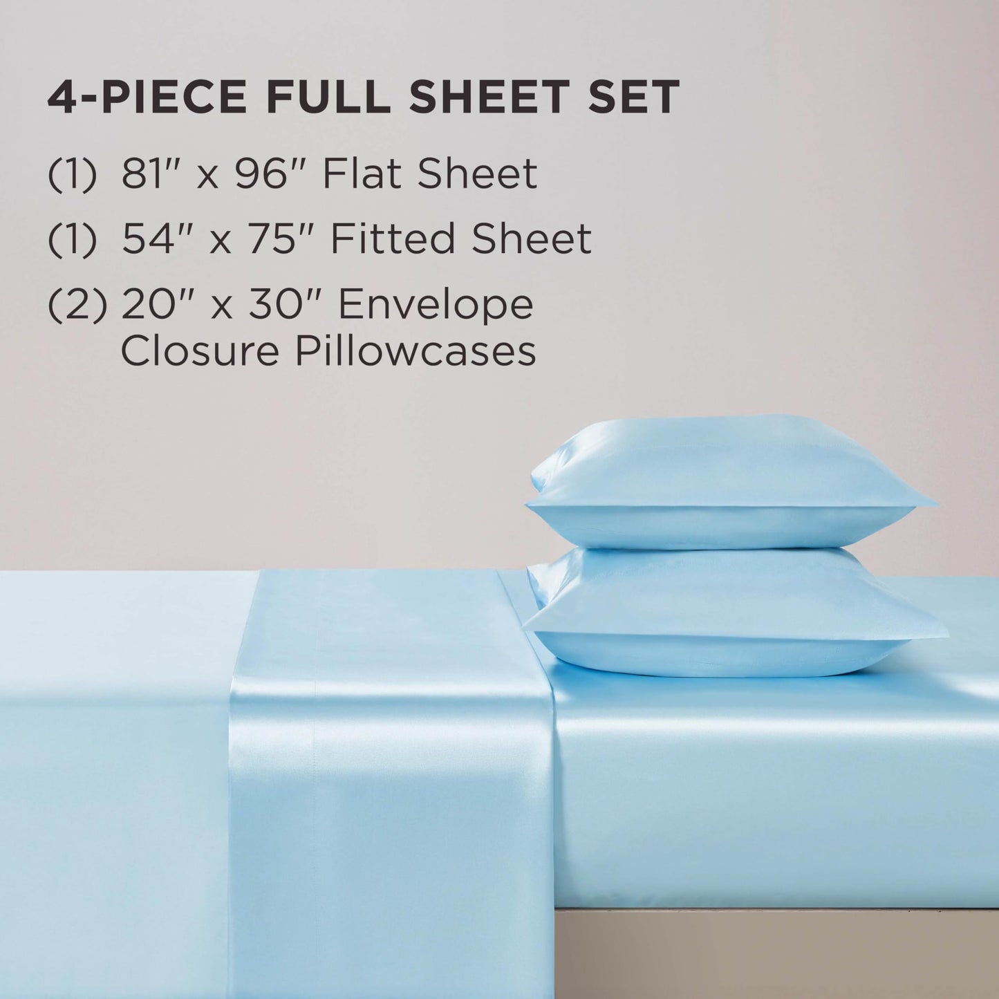 Juicy Couture Full Size Silky Satin Bed Sheet Set, Deep Pocket Satin Full Sheet Set with 1 Fitted Sheet, 1 Flat Sheet and 2 Pillowcases, Wrinkle Resistant & Anti Pilling Bed Sheets - Light Blue