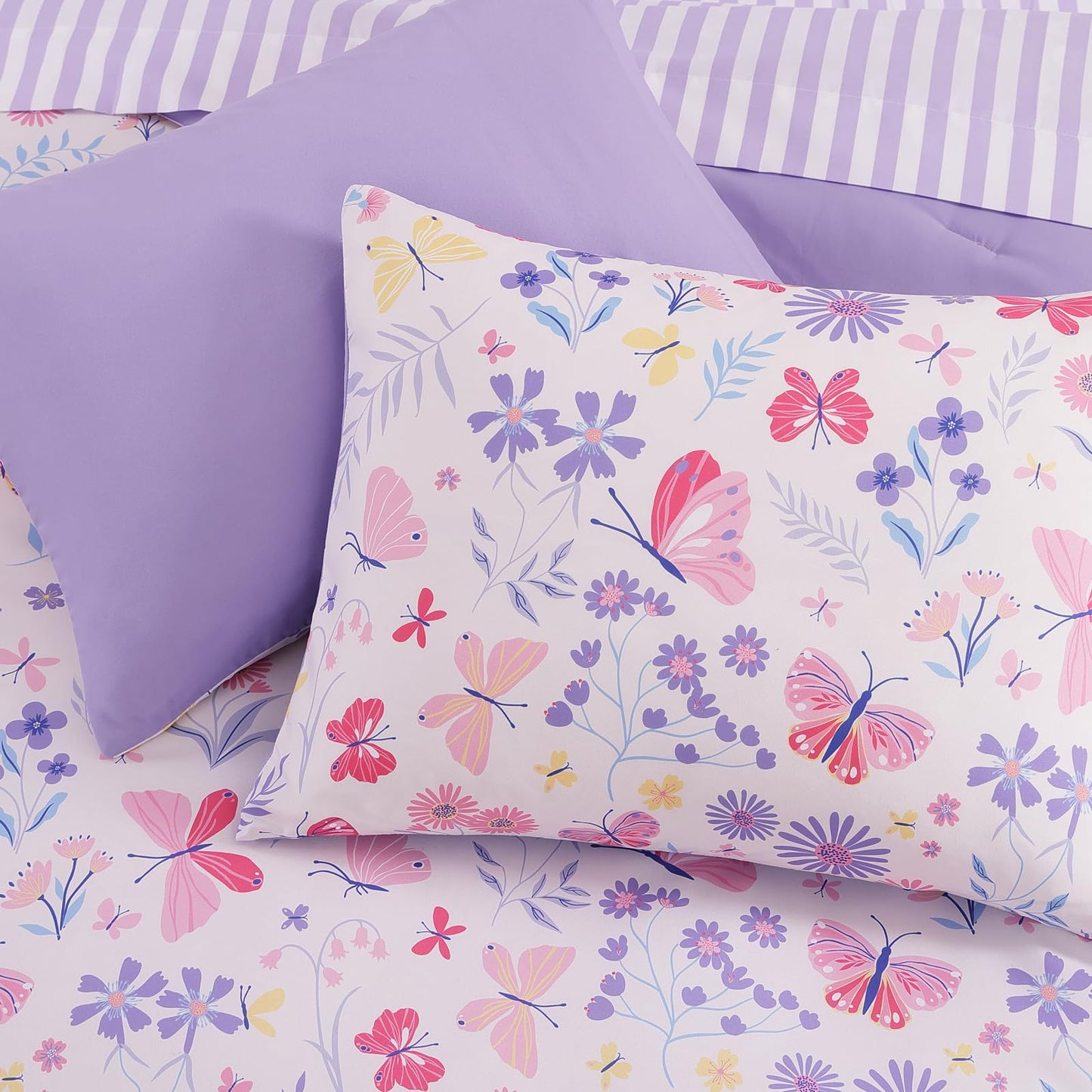 AMBERSPACE Twin XL Comforter Set for Girls, Butterfly Botanical Flowers Bedding Set, All Season Kids Bed in a Bag Dorm 5 Pieces with Sheets, Pillowcase & Sham