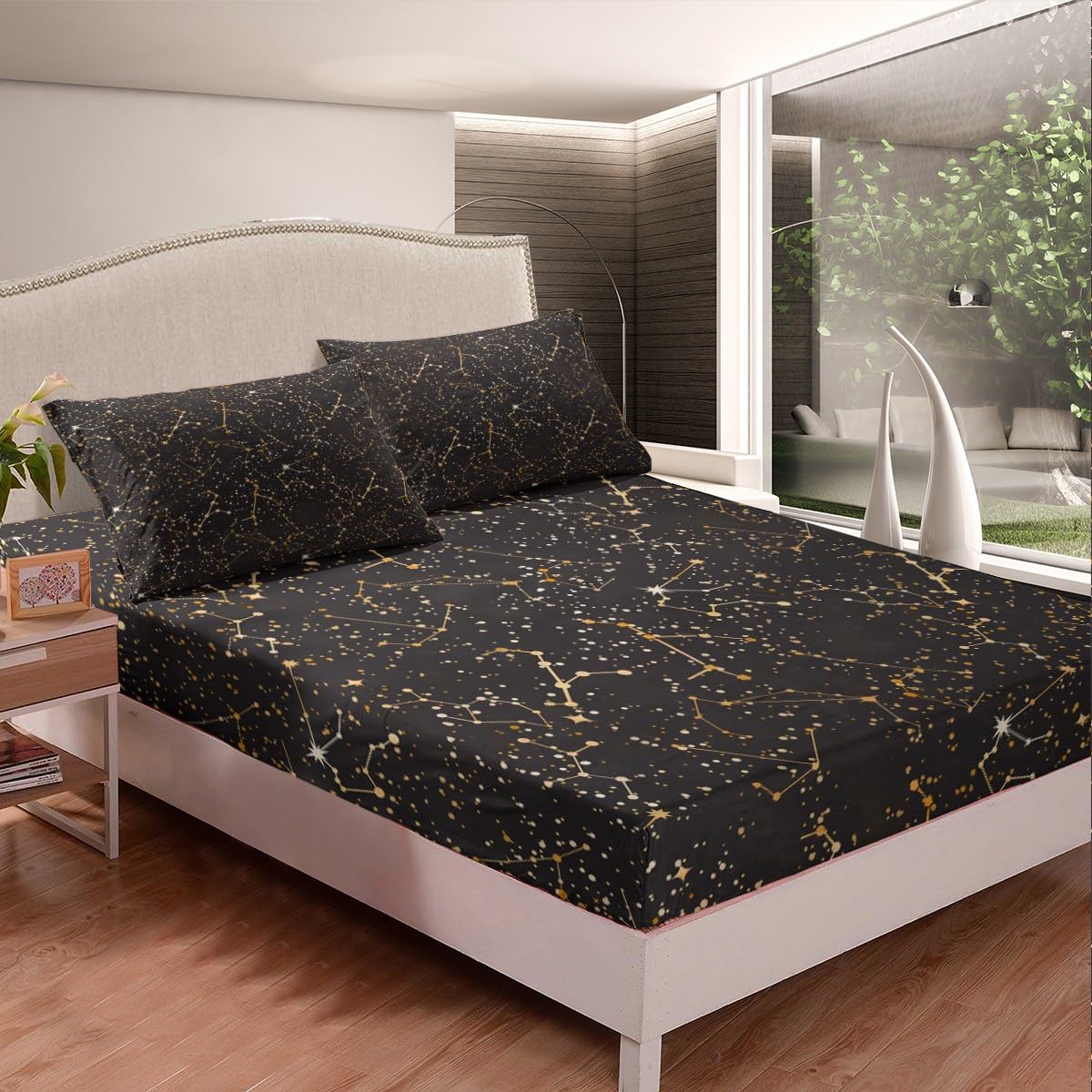 Constellation Theme Fitted Sheet Queen Size Black and Gold Bedding Set Starry Sky Galaxy Sheet Set,Stars and Moon Bed Cover Ultra Soft Breathable Bedspread 3 Pcs for Kids Teens Boys No Flat Sheet