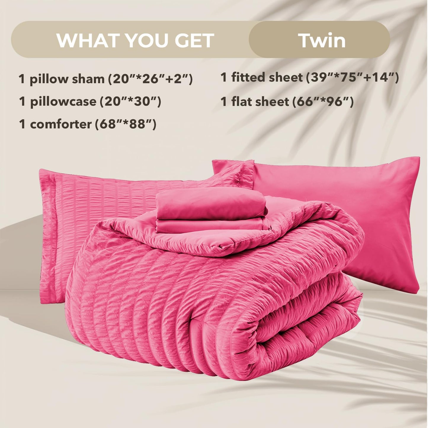 HYMOKEGE Hot Pink Twin Comforter Set Seersucker 5 Pieces, All Season Luxury Bed in a Bag for Bedroom, Bedding Set with Comforter, Sheets, Pillowcase & Sham