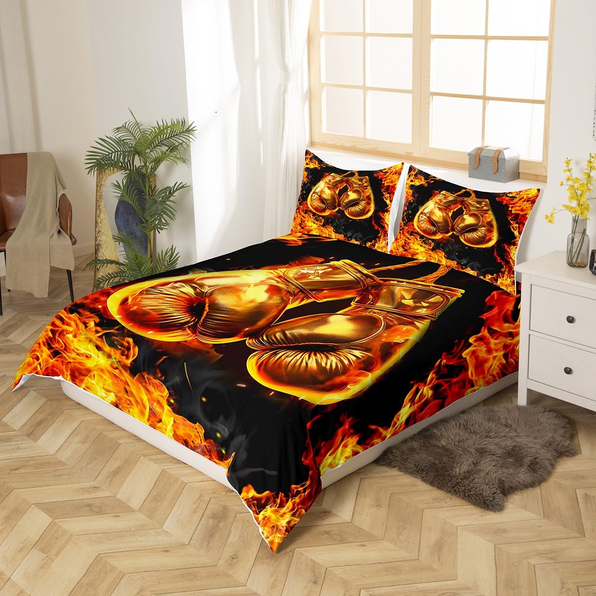 Manfei Boxing Sport Duvet Cover Set Golden Boxing Gloves Bedding Set 3pcs for Kids Boys Teens Yellow Fire Print Comforter Cover Microfiber Bedspread Cover with 2 Pillow Cases(No Comforter) Queen Size