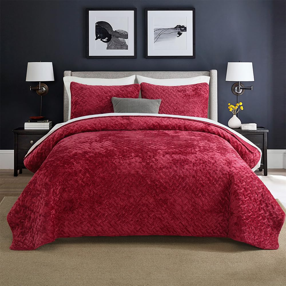 Liians Velvet Bedspread Quilt Bedding Sets,Luxury Elegant Ultra Soft Velvet Comforters Coverlet Blankets,Weave Stitching Pattern Cotton Quilted Bedspread for All Seasons,Red,King Size