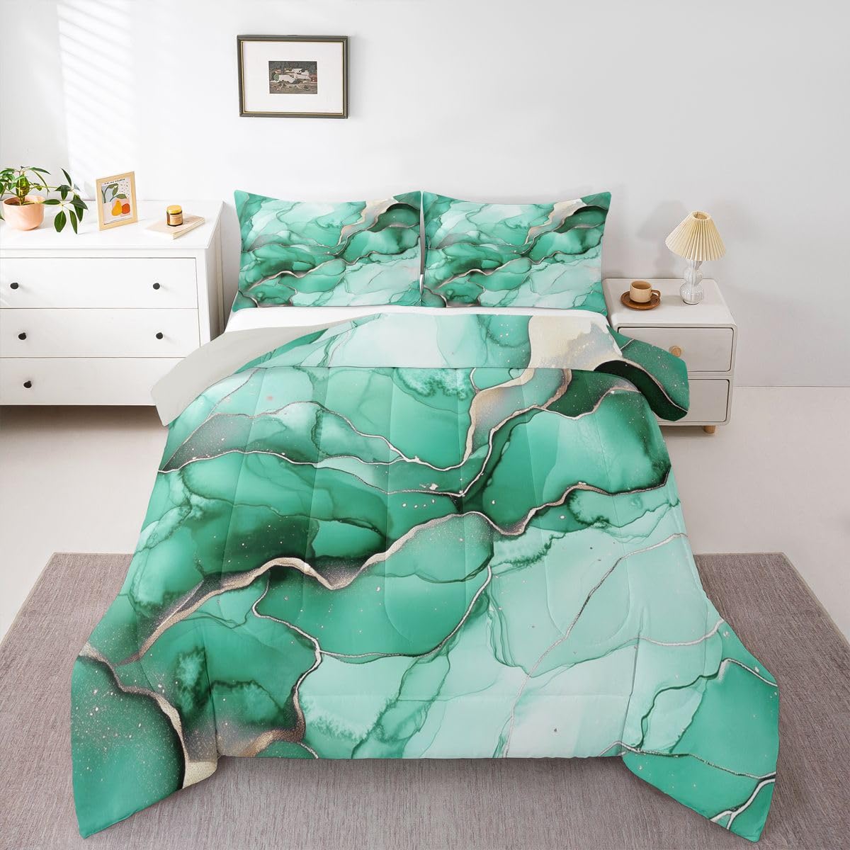 Erosebridal Green Marbling Comforter Set King Marble Print Bedding Set Gold Ink Fluid Art Comforter for Kids Boys Girls,Ombre Marble Textured Quilt Duvet