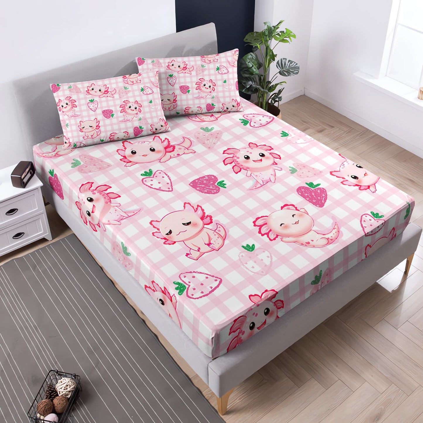 UEVBF Cute Axolotl Bedding Set Twin Size,Pink White Axolotl Strawberry Fitted Sheet for Kids Girls Toddler Aesthetics Room Decor,Beach Coastal Themed Bedding,1 Fitted Sheet+2 Pillowcases.
