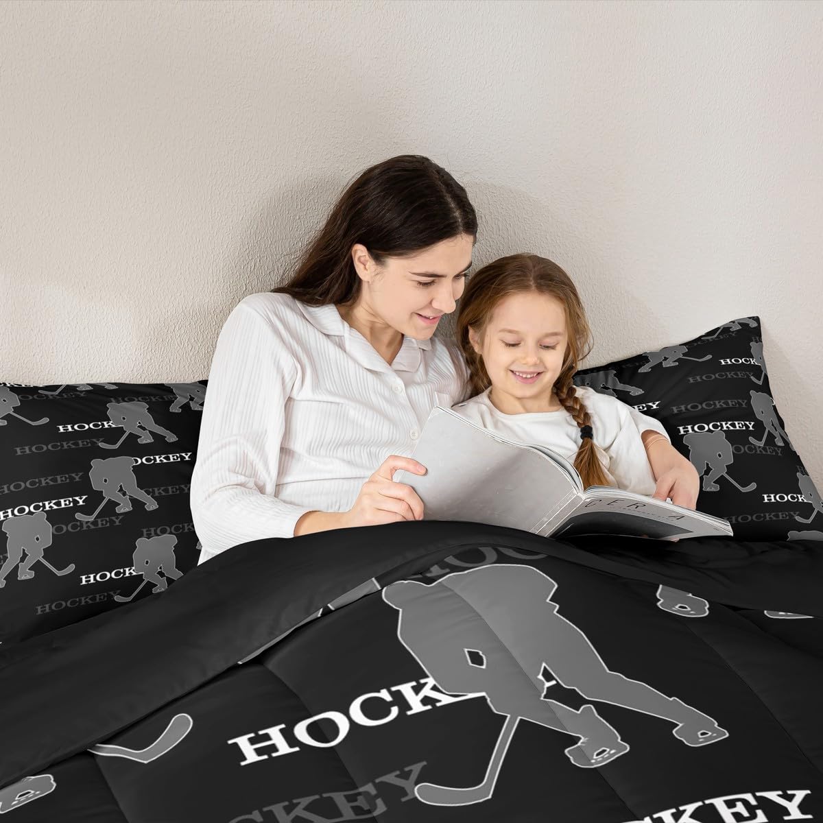 Ice Hockey Kids Bedding Set Queen Size, Comforter Set,Winter Sports Modern Quilt Comforter,Black Gray Bedroom Duvet Insert,2 Pillowcases