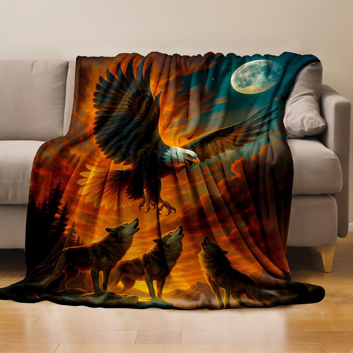 RQTWC Wolf and Eagle Throw Blanket Gifts for Boys Girls Kids Adults, Bald Eagle Flannel Blankets for Travel Sofa Living Room Decor 50"X60"